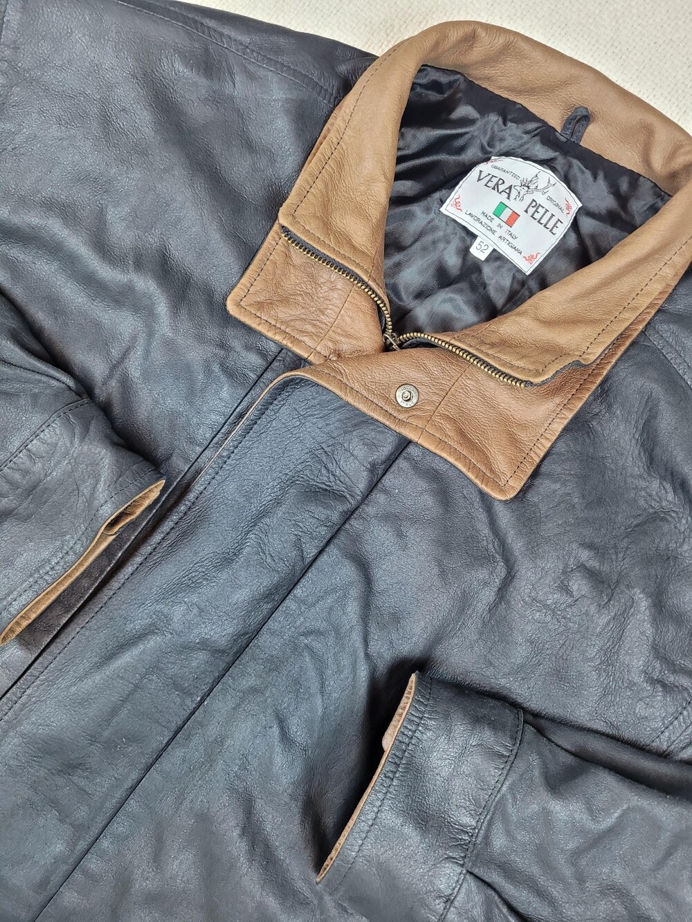 Vintage Vera Pelle Leather Jacket Men 52 XL Black Brown Made in Italy Bomber 90s